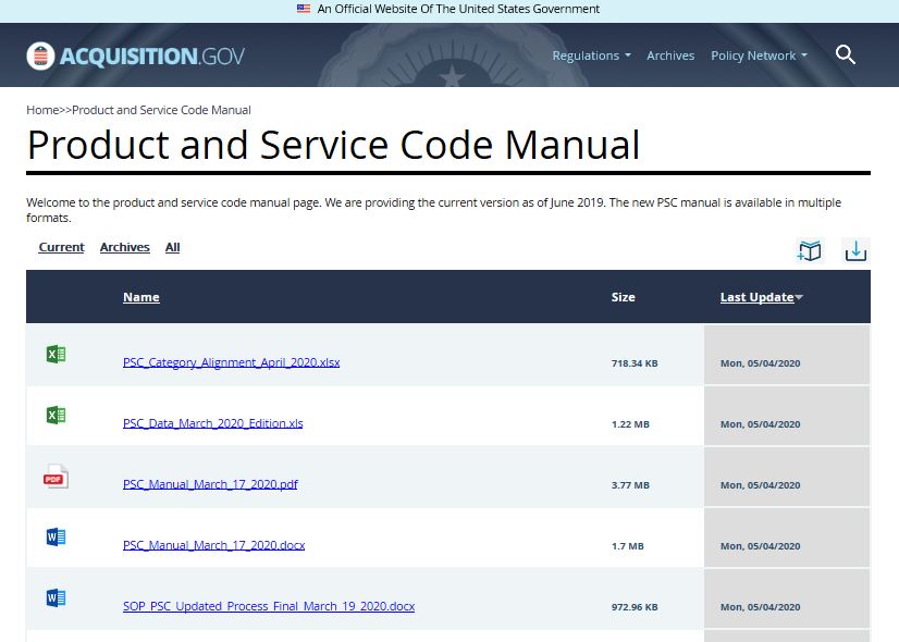 Screenshot of Product and Service Code Manual website